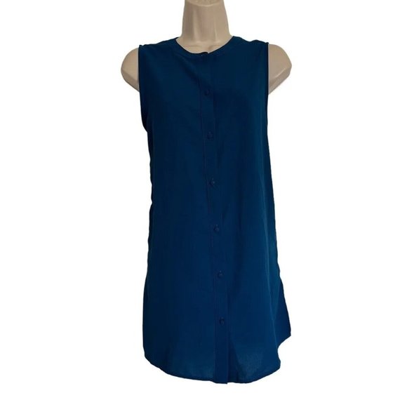 41 Hawthorn Sleeveless Blue Tunic Blouse Button Up Blouse Top Collarless Tunic